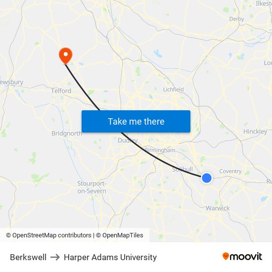 Berkswell to Harper Adams University map