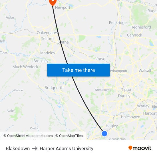 Blakedown to Harper Adams University map