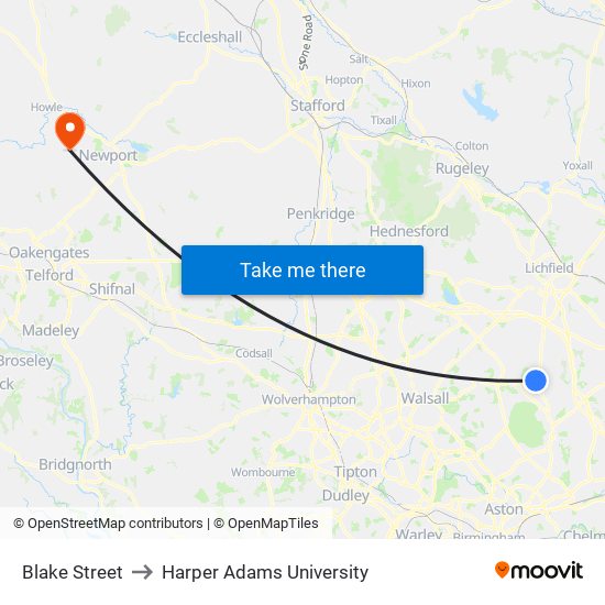 Blake Street to Harper Adams University map