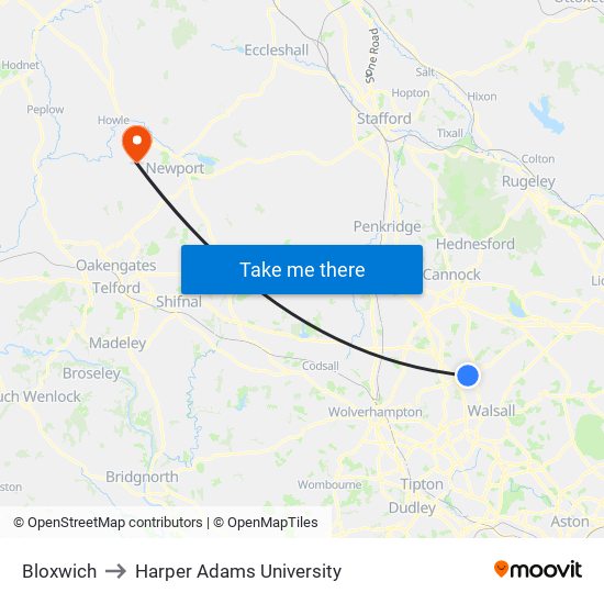Bloxwich to Harper Adams University map
