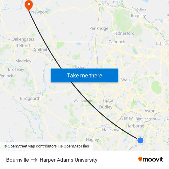 Bournville to Harper Adams University map