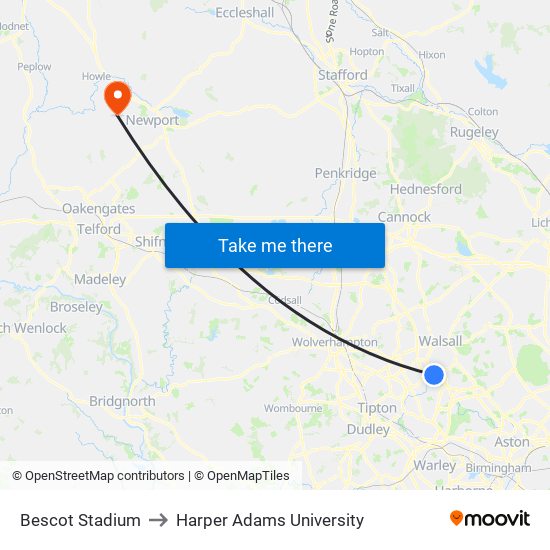 Bescot Stadium to Harper Adams University map