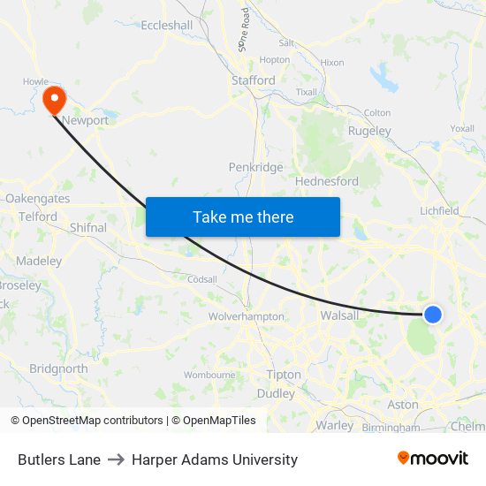 Butlers Lane to Harper Adams University map