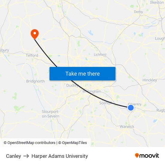 Canley to Harper Adams University map