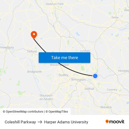 Coleshill Parkway to Harper Adams University map