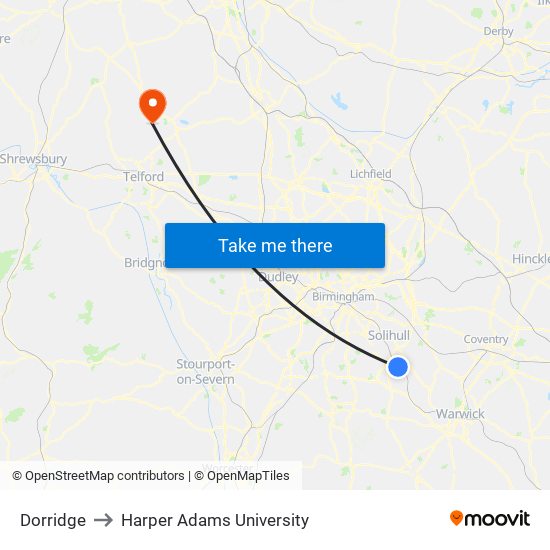 Dorridge to Harper Adams University map