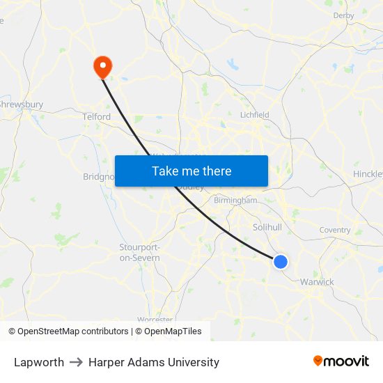 Lapworth to Harper Adams University map