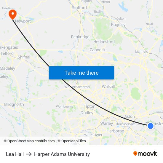 Lea Hall to Harper Adams University map