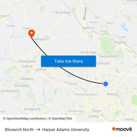 Bloxwich North to Harper Adams University map