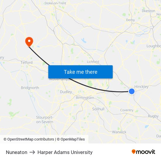 Nuneaton to Harper Adams University map