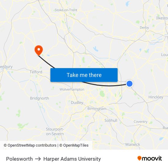 Polesworth to Harper Adams University map