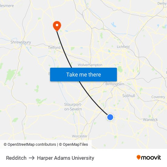 Redditch to Harper Adams University map