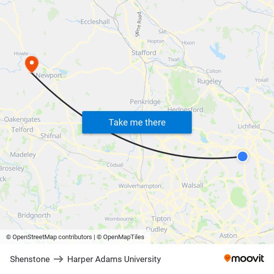 Shenstone to Harper Adams University map