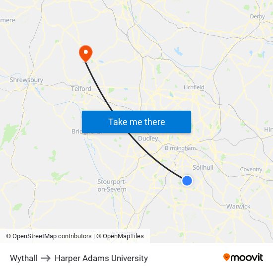 Wythall to Harper Adams University map