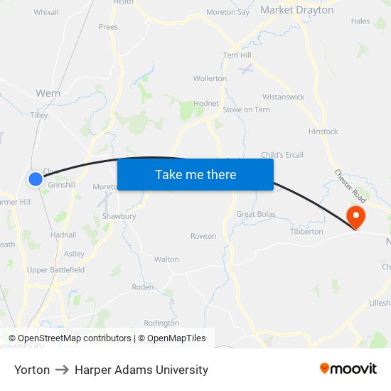 Yorton to Harper Adams University map