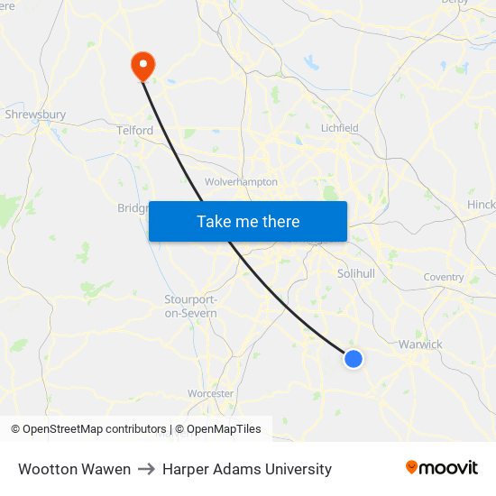 Wootton Wawen to Harper Adams University map