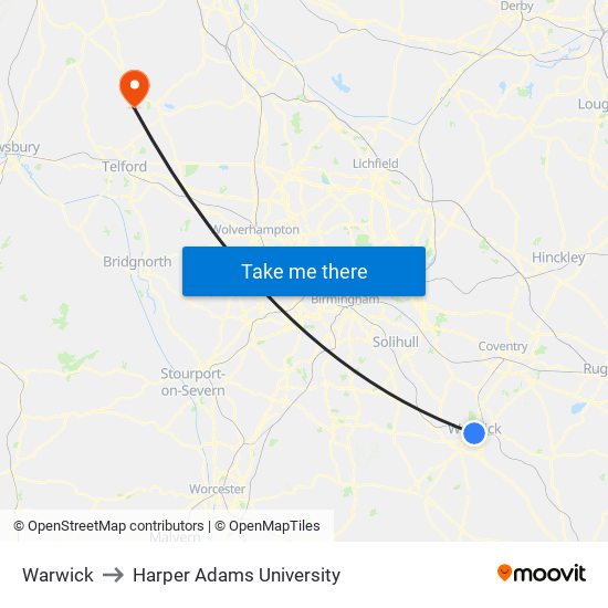 Warwick to Harper Adams University map
