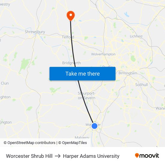 Worcester Shrub Hill to Harper Adams University map