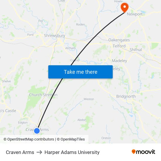 Craven Arms to Harper Adams University map