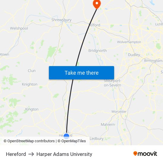 Hereford to Harper Adams University map