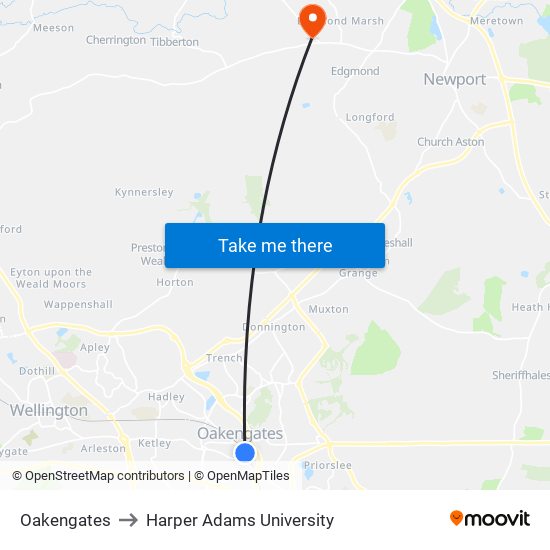 Oakengates to Harper Adams University map