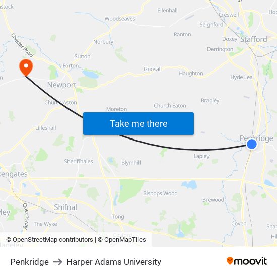 Penkridge to Harper Adams University map