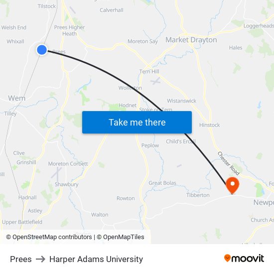 Prees to Harper Adams University map