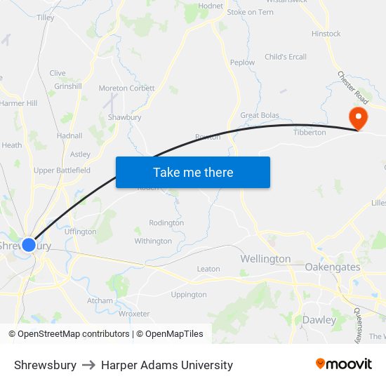 Shrewsbury to Harper Adams University map