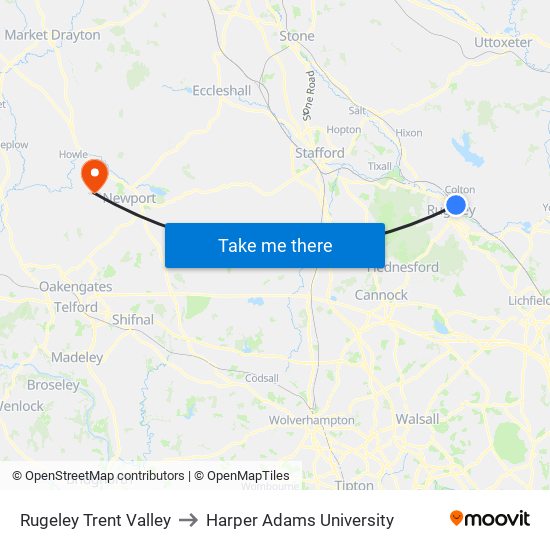 Rugeley Trent Valley to Harper Adams University map