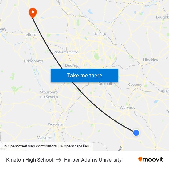 Kineton High School to Harper Adams University map