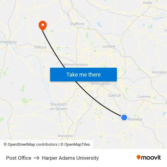 Post Office to Harper Adams University map