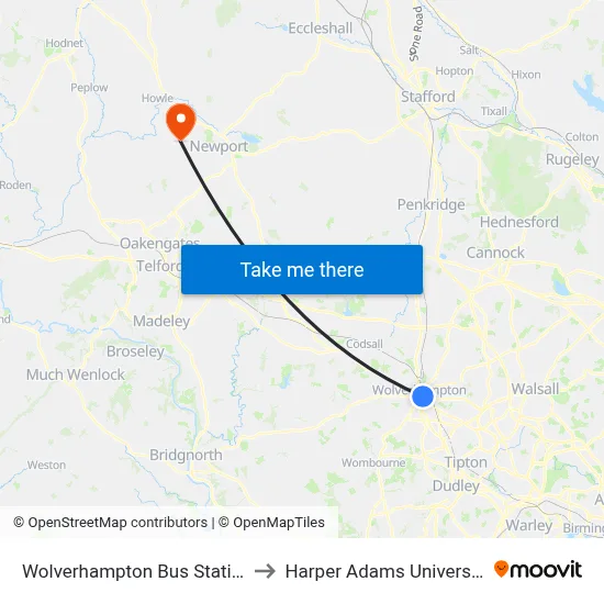 Wolverhampton Bus Station to Harper Adams University map