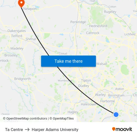 Ta Centre to Harper Adams University map