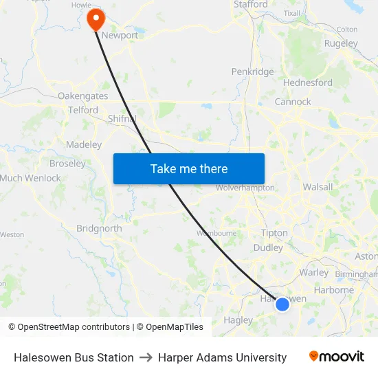 Halesowen Bus Station to Harper Adams University map