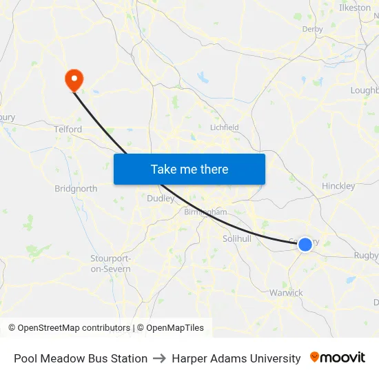 Pool Meadow Bus Station to Harper Adams University map