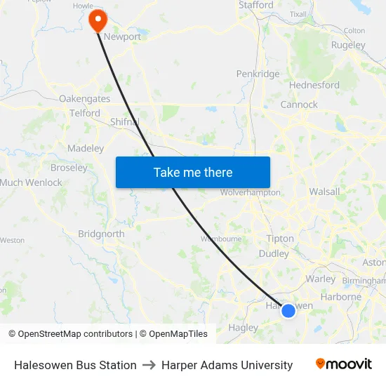Halesowen Bus Station to Harper Adams University map