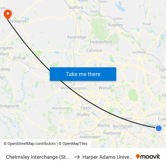 Chelmsley Interchange (Stop Cl) to Harper Adams University map