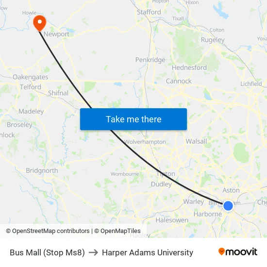 Bus Mall to Harper Adams University map