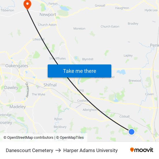 Danescourt Cemetery to Harper Adams University map