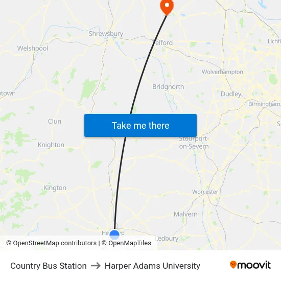 Country Bus Station to Harper Adams University map