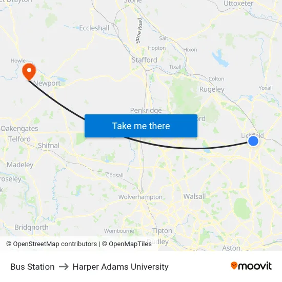 Bus Station to Harper Adams University map