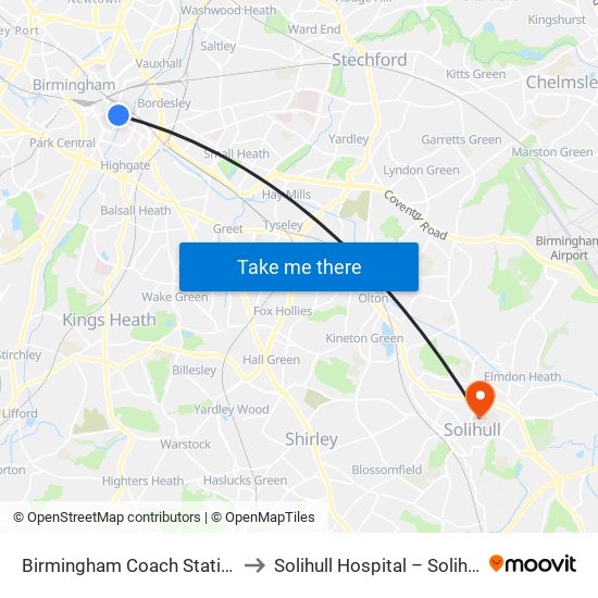 Birmingham Coach Station to Solihull Hospital – Solihull map