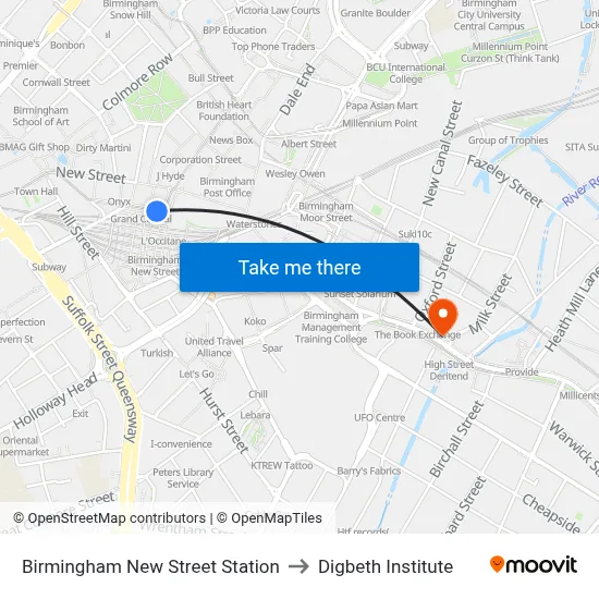 Birmingham New Street Station to Digbeth Institute map