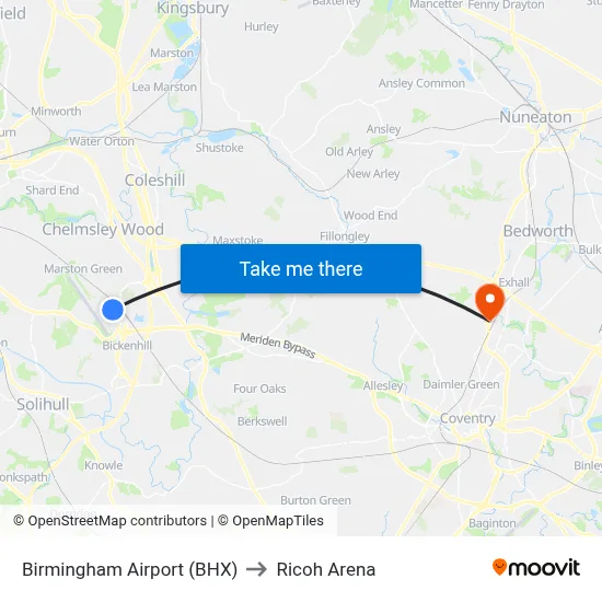 Birmingham Airport (BHX) to Ricoh Arena map