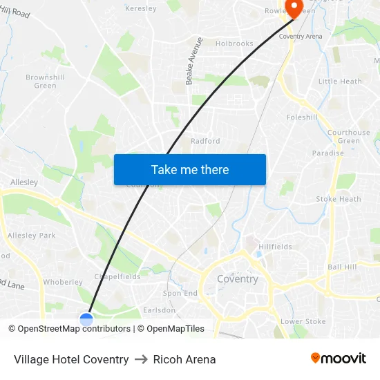 Village Hotel Coventry to Ricoh Arena map
