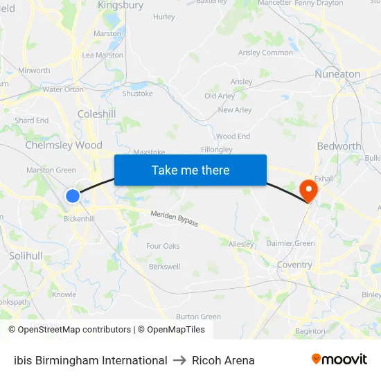 ibis Birmingham International to Ricoh Arena map