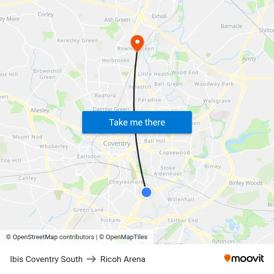 Ibis Coventry South to Ricoh Arena map