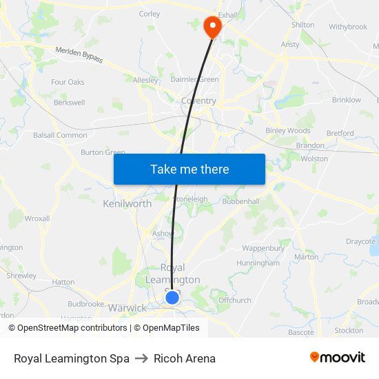Royal Leamington Spa to Ricoh Arena map