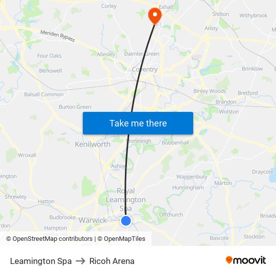 Leamington Spa to Ricoh Arena map