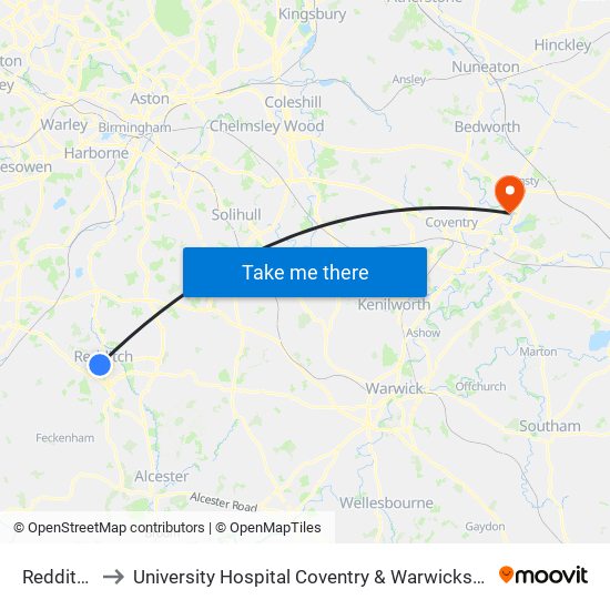 Redditch to University Hospital Coventry & Warwickshire map